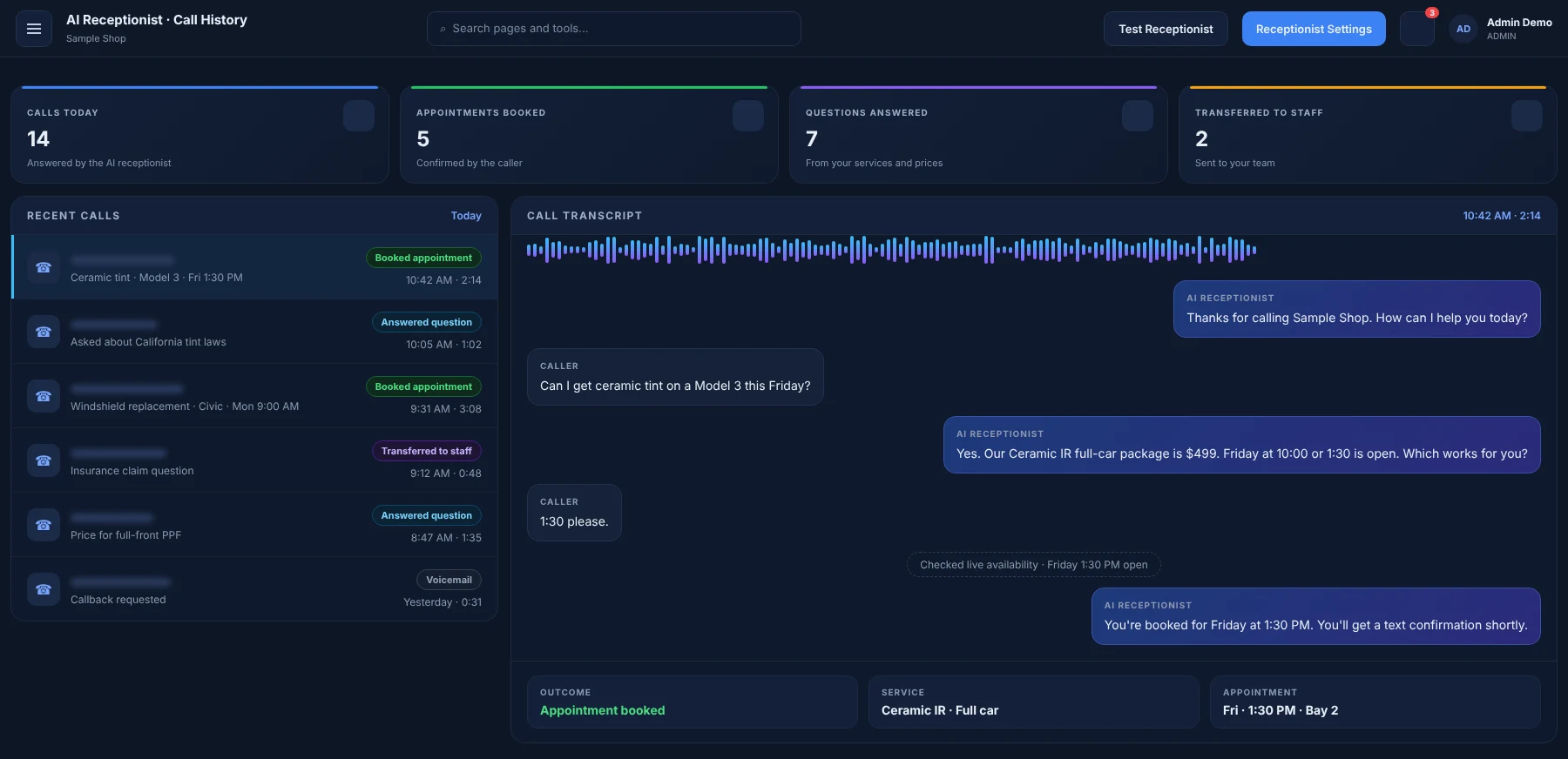Illustration of the AUTOSMAI AI receptionist call history with sample data: calls answered, a booked appointment and the call transcript