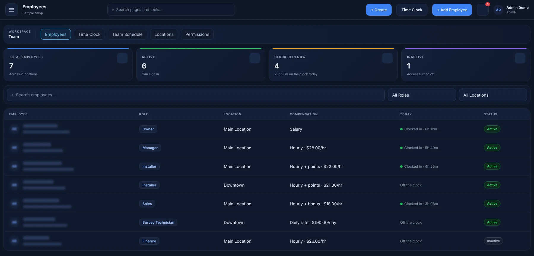 Illustration of the AUTOSMAI employees screen with sample data