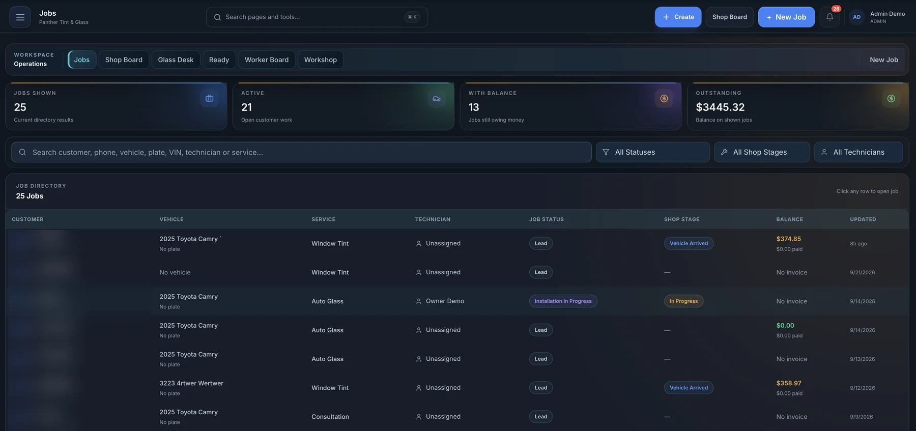 AUTOSMAI shop board with jobs by stage